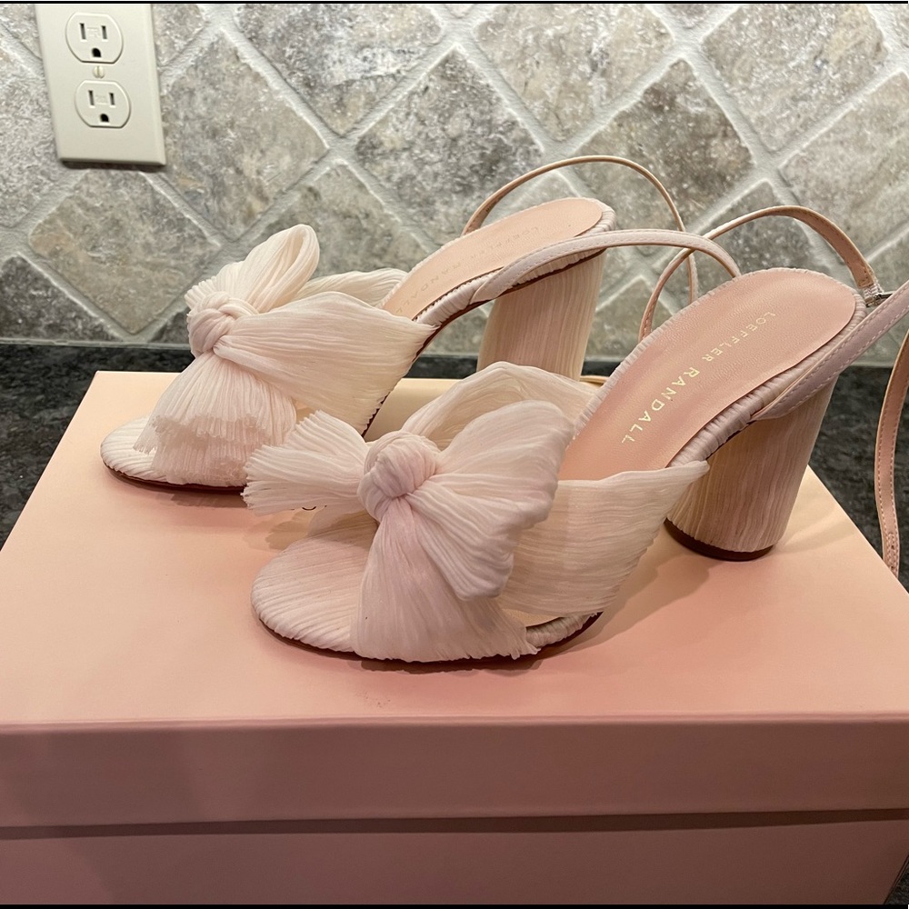 Loeffler Randall Camellia pearl bow pleated heels. Size 5